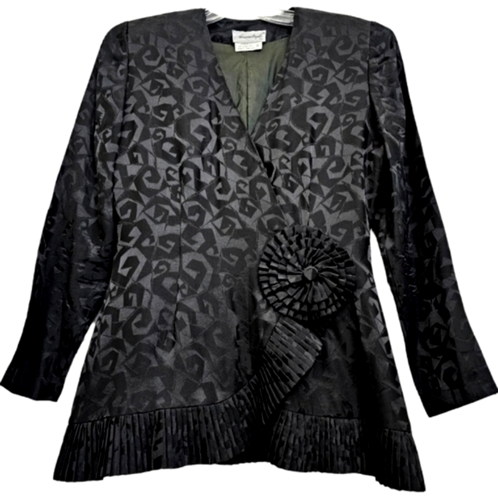 Adrianna Papell Vintage Black Silk Longsleeve Blazer ,Rosette,and Ruffled Accent